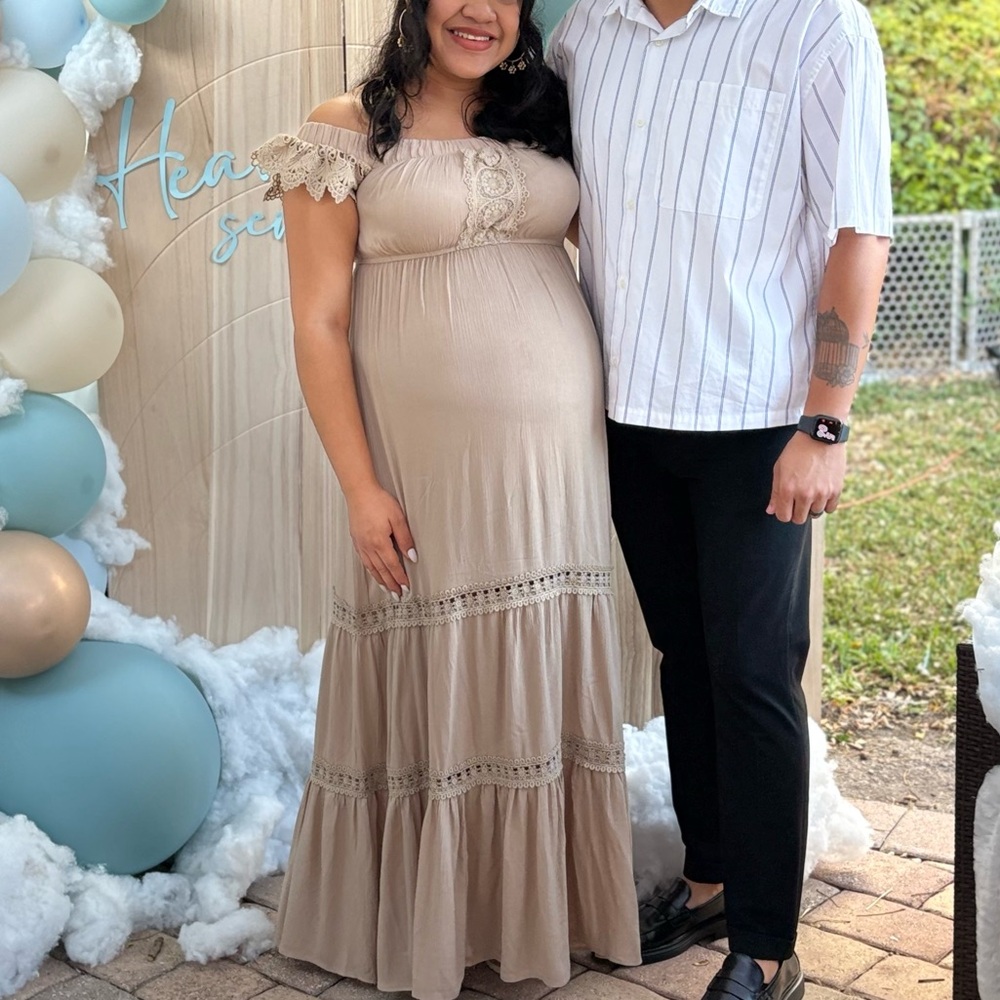 Nude Off the Shoulder Maternity Maxi Dress